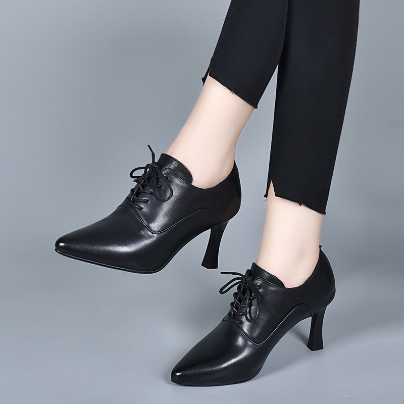 2023春秋新款细跟深口高跟鞋气质尖头单鞋系带百搭黑色女皮鞋春秋