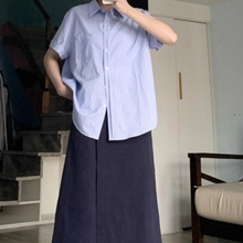 2024夏季新款美式学院风套装纯色短袖衬衫藏蓝色开叉半身裙两件套