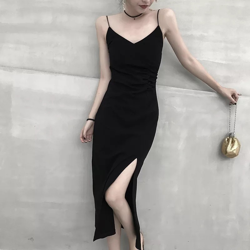 Black Camisole Split Dress for Women Summer New French Style Design Inner Wear Base Black Dress