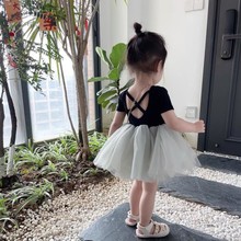 2024夏季新款女童可爱时尚短袖洋气芭蕾舞连衣裙儿童露背蓬蓬裙