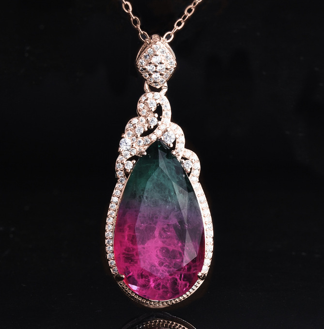 抖音直播热卖仿天然西瓜碧玺棉絮吊坠 镀18k玫瑰金水滴彩宝项链女