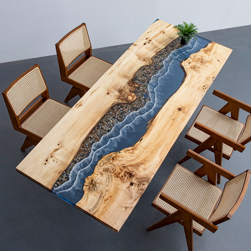 法国白杨木海洋风河流桌环氧树脂实木桌子轻奢原木大板台面餐茶桌