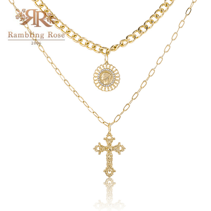 欧美跨境项链choker钱币头像十字架吊坠项链ins多层叠加项链女