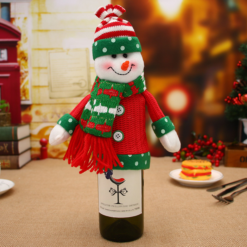 Mingguan New Christmas Decorations Cartoon Knitted Big Head Doll Bottle Cover Santa Champagne Set Wholesale