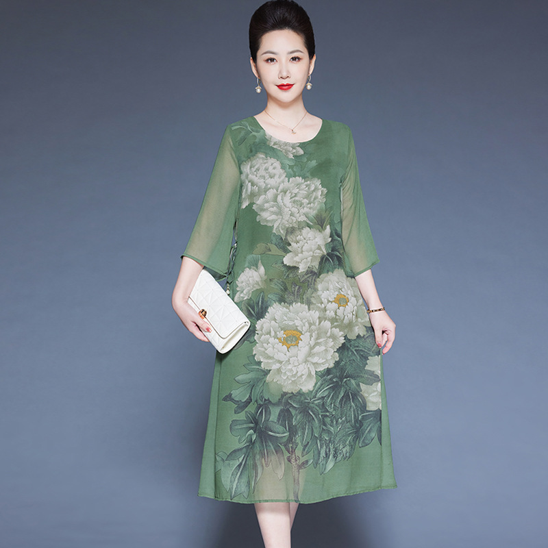 杭州大牌短袖桑蚕丝印花连衣裙2024夏季新款气质优雅大码真丝裙