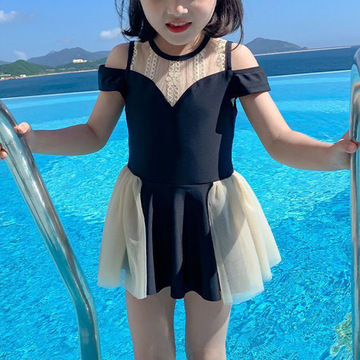 新款韩国儿童泳衣女孩连体拼纱裙式公主游泳衣洋气中小童度假泳装
