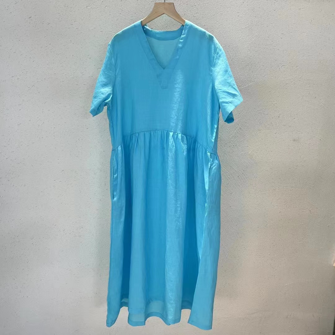 水蓝色v字领宽松薄款短袖 家居外穿21支苎麻文艺复古长款女连衣裙