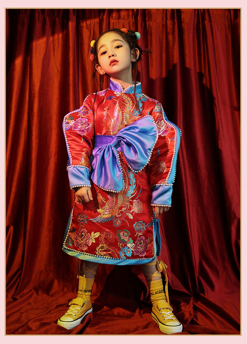 儿童礼服中小童旗袍中国风走秀中式礼服蓝色蝴蝶结礼服女童演出服