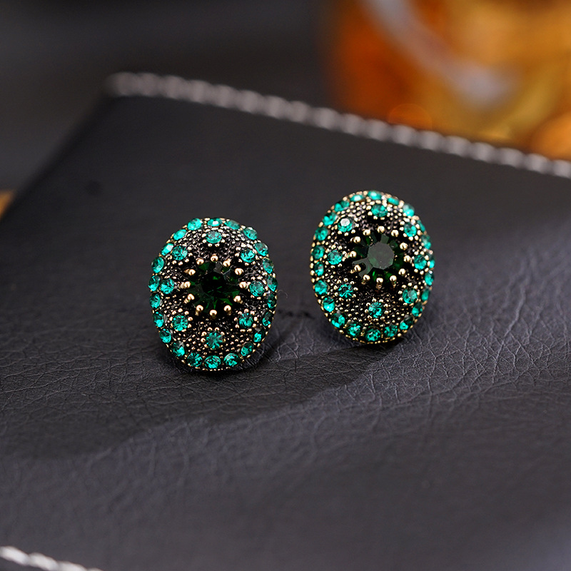 欧美风绿色椭圆手工满镶百搭耳钉法式浪漫几何高档耳饰批发-阿里巴巴