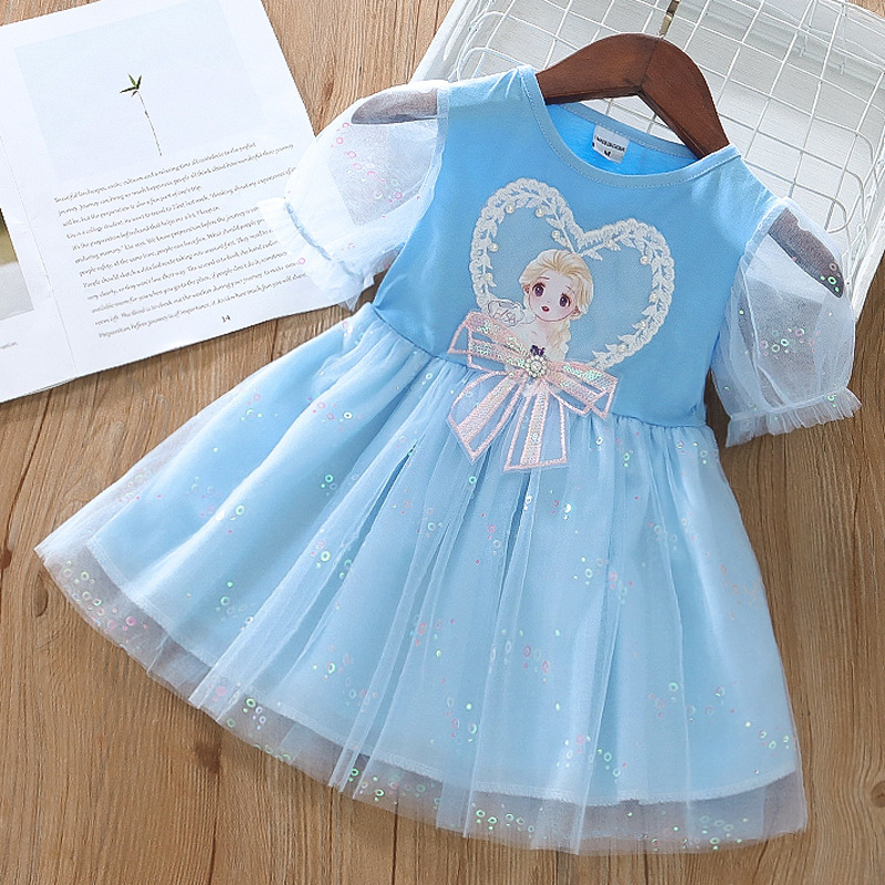 Girls Summer New 2023 Fashionable Sweet Short Sleeve Dress Little Girl Summer Cartoon Princess Mesh Skirt