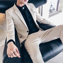 时尚米白色小西装男帅气修身一套西服青年韩版潮流学生休闲两件套