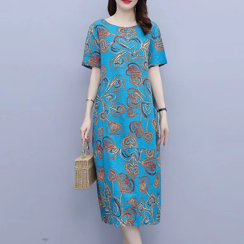 2023 Summer New Dress Best-Seller on Douyin Loose plus Size Women's Clothing Short Sleeve Printed Middle-Aged Mom Dress