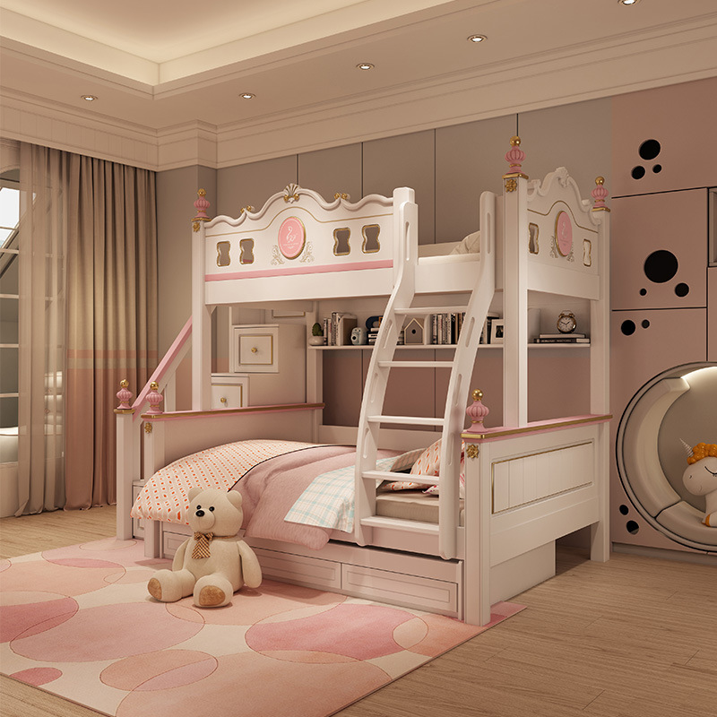 儿童滑梯床美式儿童上下承重交错双人床双层床女孩公主床滑梯