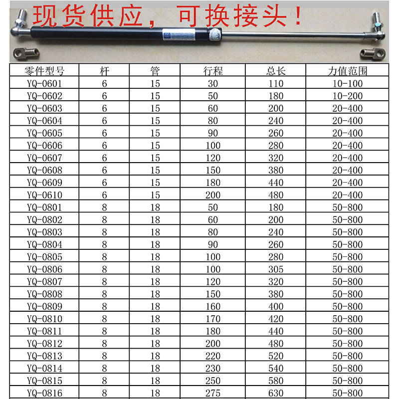 气弹簧多规格不锈钢缓冲杆机械设备伸缩杆气动床用液压支撑杆顶杆