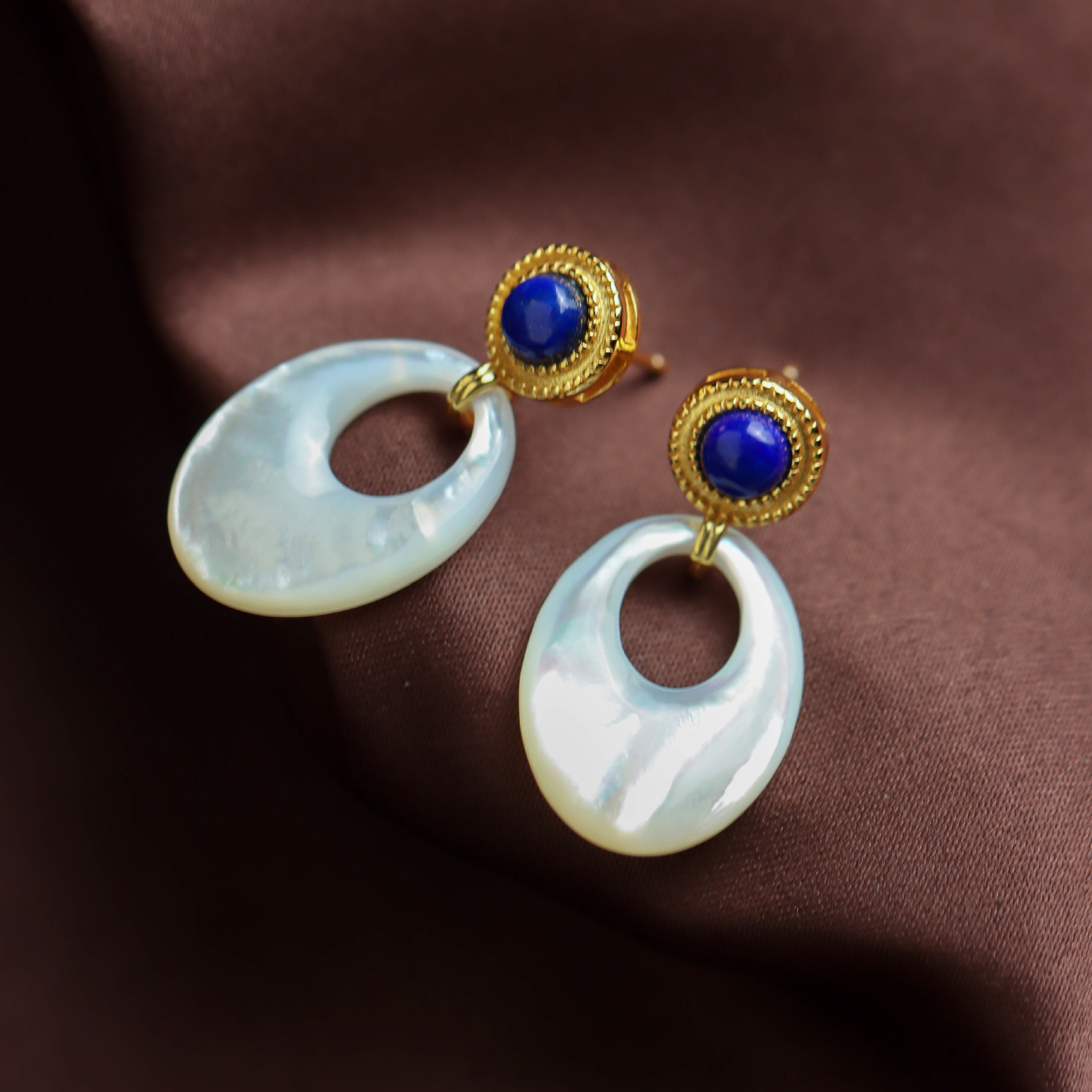 熹瑞s925纯银镀金镶嵌天然青金石贝母耳钉气质精致女款耳坠耳饰