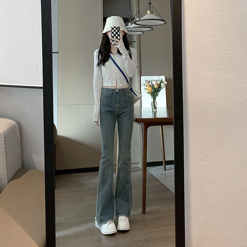 High Waist Retro Stretch Skinny Jeans for Women 2023 Spring New Korean Style Slim Fit Slimming Frayed Hem Bell-Bottom Trousers Pants