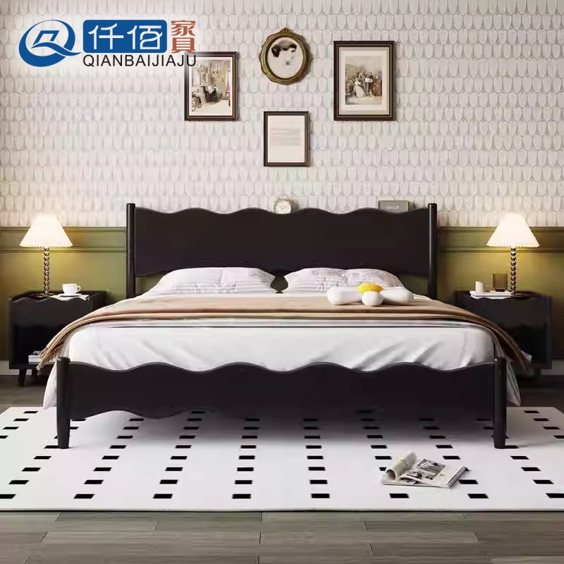 波浪全实木床复古简约现代主卧室双人床1.5米法式1.8米极简风大床