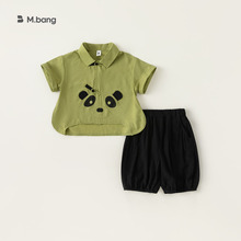 babycity男童夏装两件套卡通熊猫衬衫洋气短袖衣服中国风XT83183