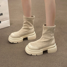 设计感马丁靴女2024年秋季薄款新款厚底短靴粗跟弹力靴套筒瘦瘦靴