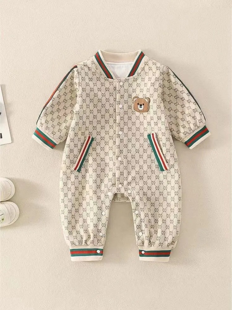 Baby Spring and Autumn Fashion One-Piece Romper Trendy Plaid Men and Women Baby One-Piece Double-Layer Bear Western Style Outwear Romper Baby Clothes