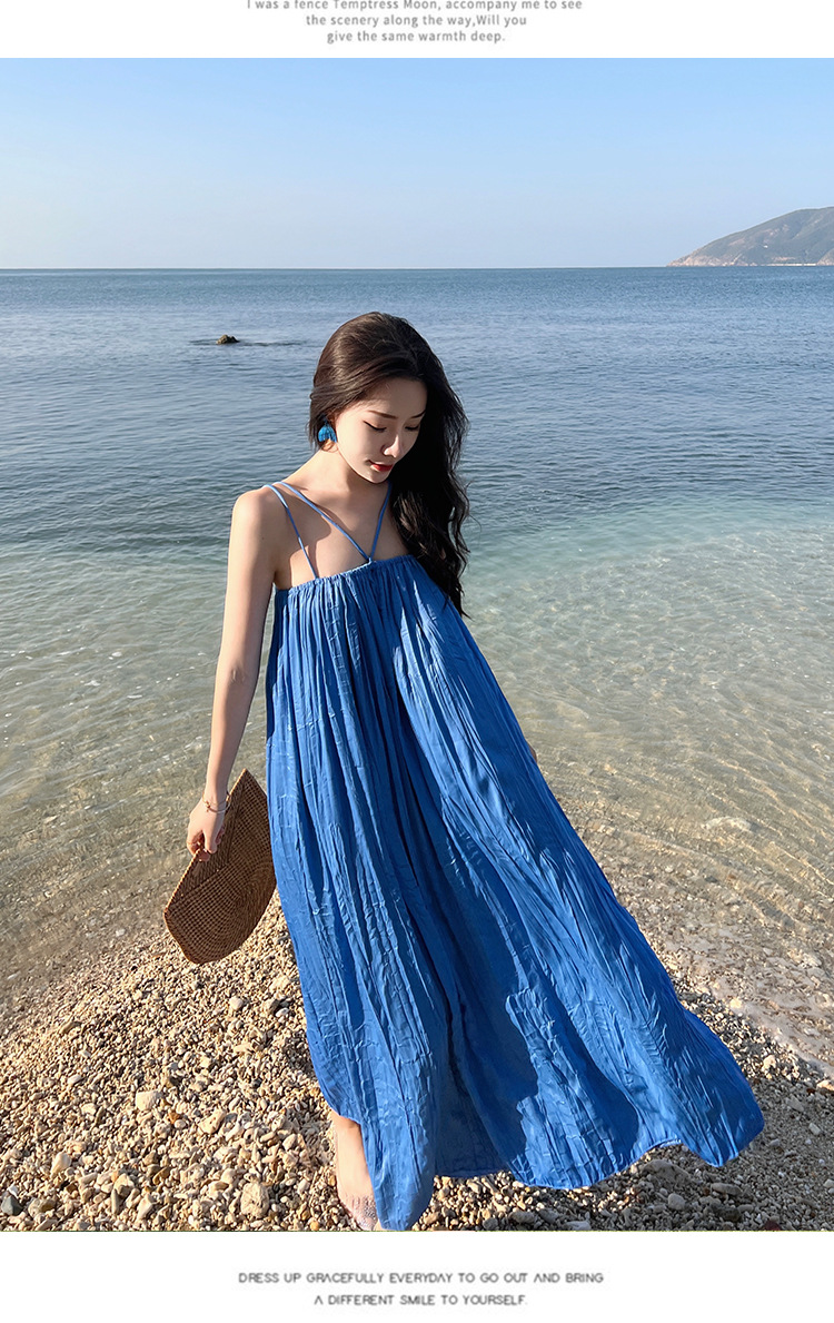 三亚沙滩裙女夏吊带性感露背显瘦海边度假蓝色超仙长款连衣裙子