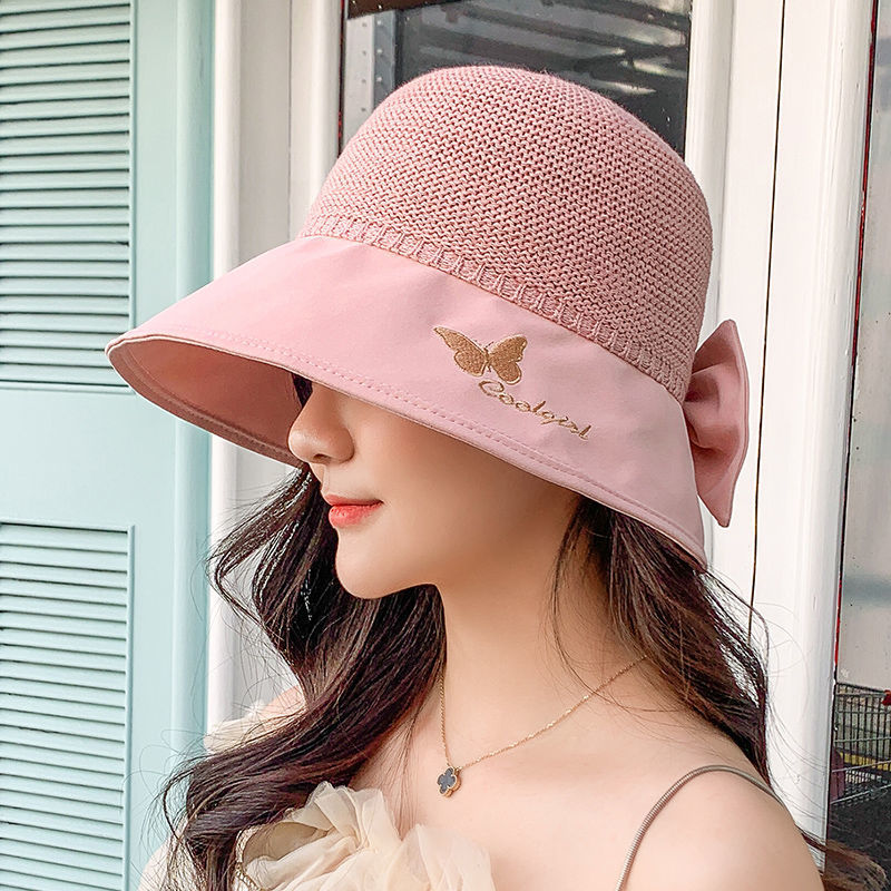 Spring and Summer Beach Sun Protection Fisherman Hat Summer Sun Protection Female Sun Hat Bow Seaside Holiday Hollow-out Straw Hat