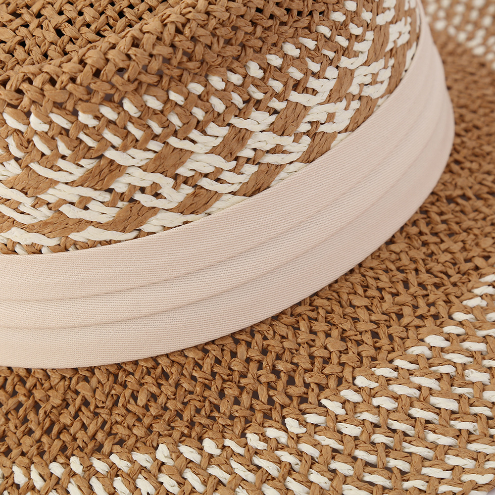 British Style Color Matching Hand-Woven Straw Hat Female Summer Artistic Travel Vacation Hat Wide Brim Flat Top Hat Tide