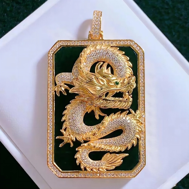 金镶玉纯银镀金s925镶和田玉墨玉龙牌方牌吊坠民族风项链直播爆款