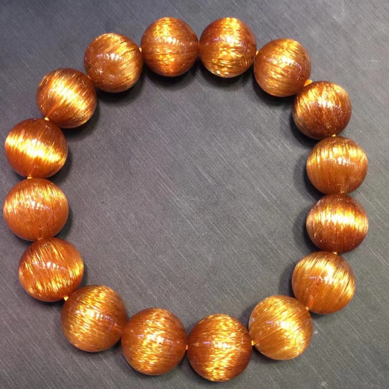 直播天然珍藏级铜发晶猫眼手串红铜发手链黄条铜顺发水晶一物一图