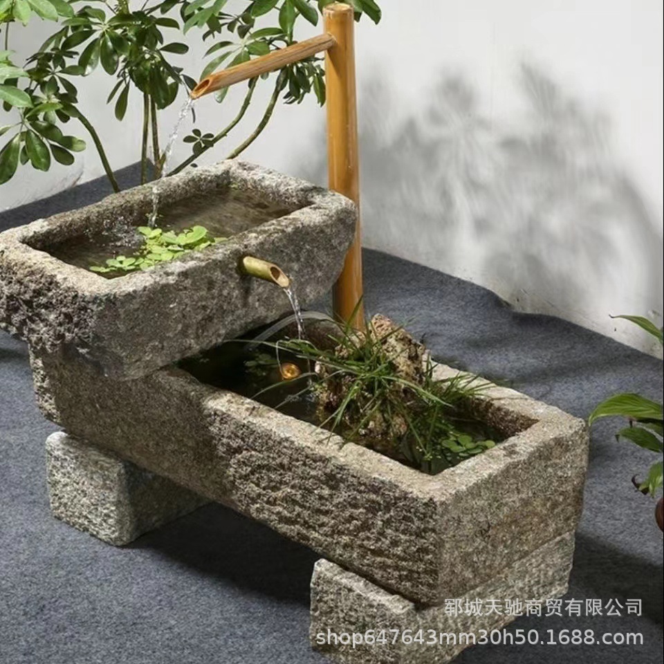 老石槽造景石磨盘庭院流水摆件  老石槽方形小猪槽户外洗手台