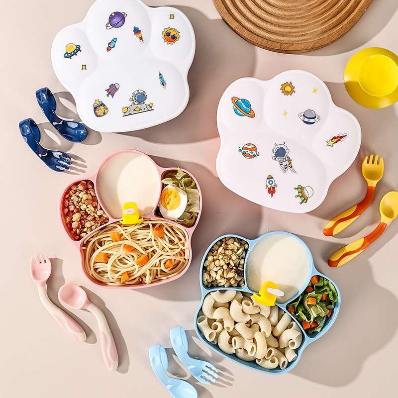 Baby Plate Children's Tableware Set Suction Cup One-Piece Compartment Baby Silicone Baby Bowl with Straw Eat Learning Training Bowl