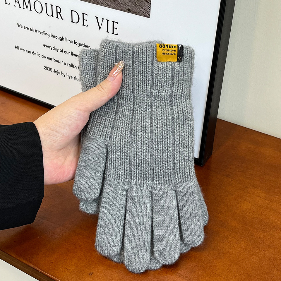 Korean Style Fashionable Knitted Warm Men's Gloves Cold Protection in Winter Thickened Sewed Label Vertical Pattern Open Finger Touch Screen Riding Finger