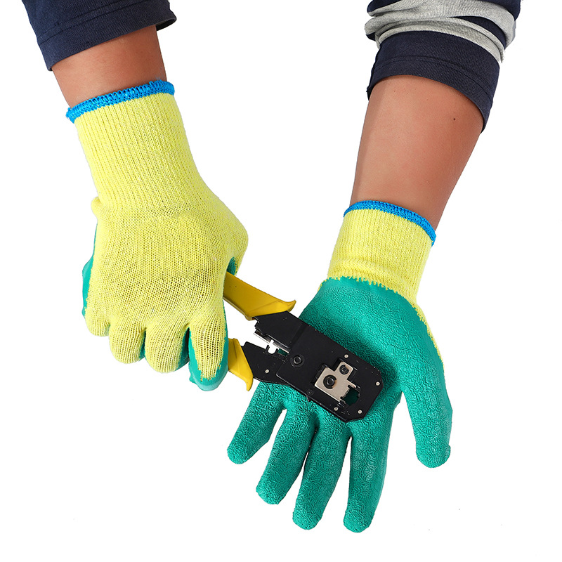 Labor Protection Gloves Wear-Resistant Yellow Yarn Green Cotton Latex Gloves Wrinkle Non-Slip Construction Site Work Protective Gloves Wholesale