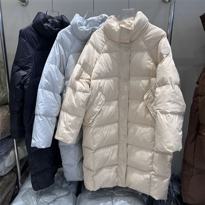 中长款羽绒服女2023新款韩版时尚加厚过膝袖标立领显瘦白鸭绒外套