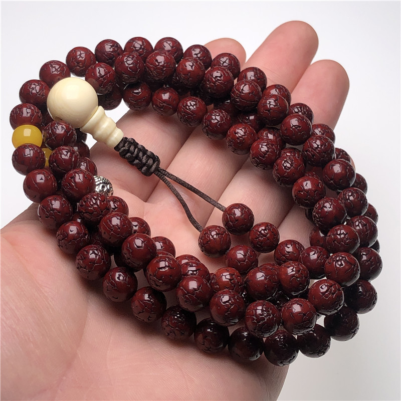 机刷龙鳞纹金刚菩提手串 108颗五瓣无齿小金刚 机刷做旧红8mm