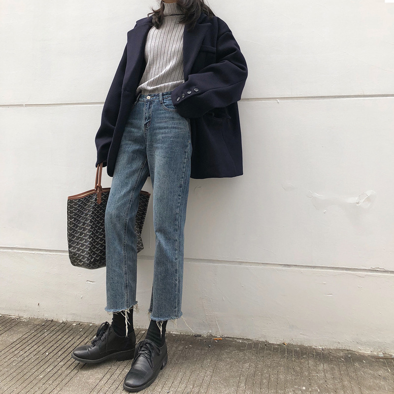 复古牛仔色 裤脚毛边宽松显瘦做旧直筒裤休闲九分牛仔裤女秋冬