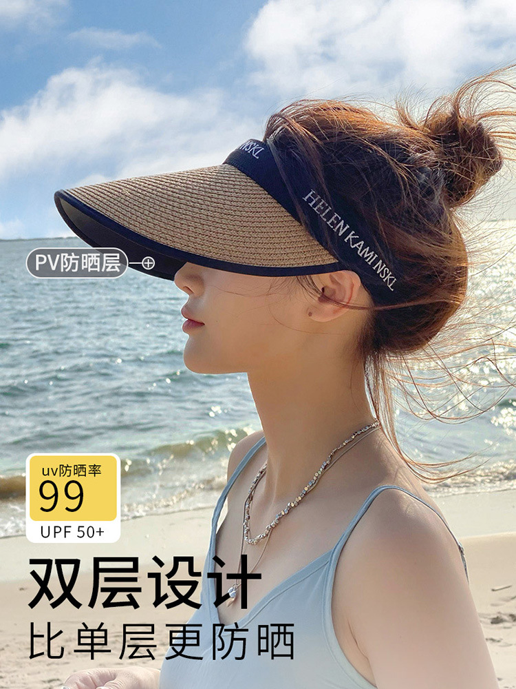 空顶uv防晒帽女夏防紫外线大帽檐沙滩遮阳草帽骑车遮脸太阳帽子