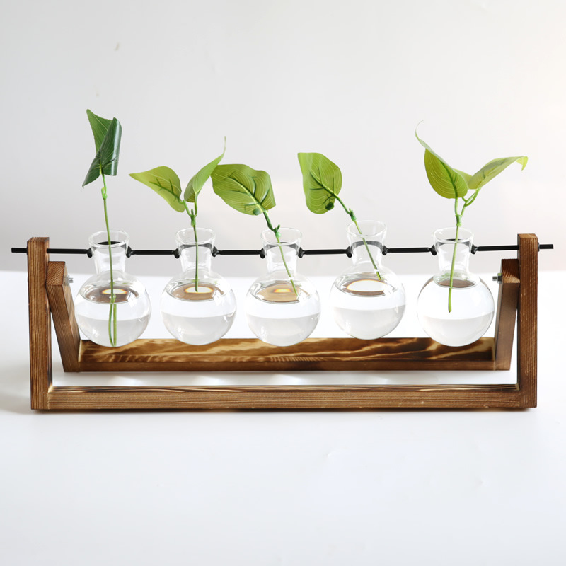 创意木架透明玻璃花瓶桌面水培绿植装饰花架五个瓶家居摆件工艺品