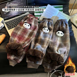 新款男女童宝宝加绒裤子儿童运动裤秋冬季加厚休闲裤格子外穿长裤