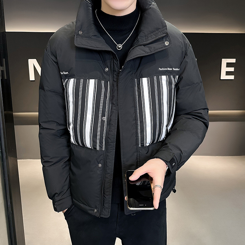 冬季新款店主风立领印花竖条男士休闲羽绒服外套男保暖立领棉服