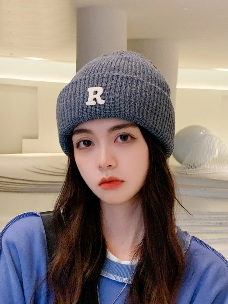 2021新款r字母毛线帽女秋冬季ins针织帽冷帽潮百搭休闲保暖帽子男