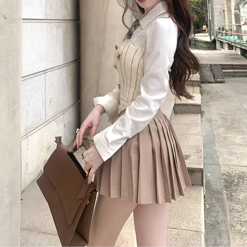 meipin 伯明翰女高~复古学院风收腰抹胸背心百褶裙辣妹套装设计感