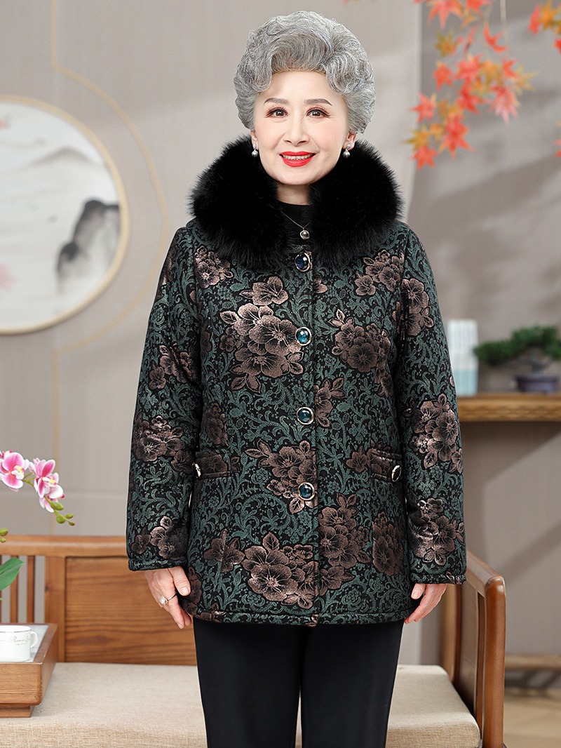 老年人冬季加厚保暖棉衣加绒印花棉服70岁80岁老太太厚棉袄加大码