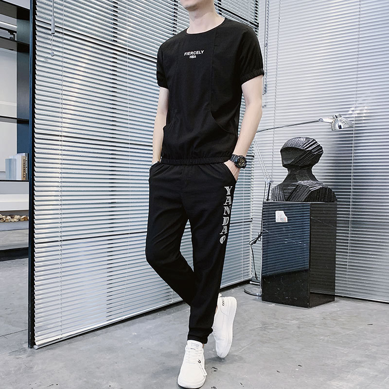 休闲套装男夏季2022新款韩版潮流夏天冰丝衣服男士运动套装两件套
