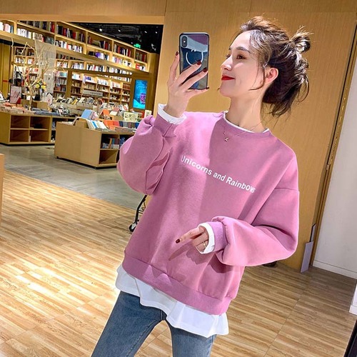 oversize卫衣2021年新款女春秋薄款圆领无帽套头假两件上衣ins潮