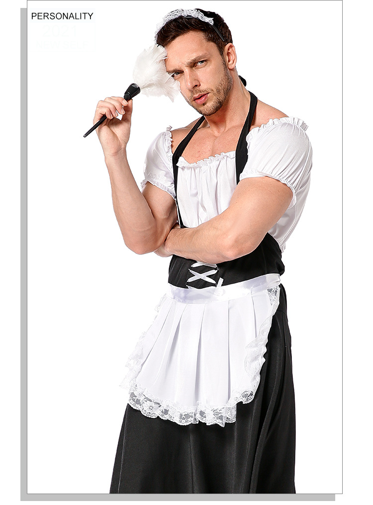 新款黑白色男仆 s-3xl大码吊带情趣男制服 欧美亚马逊货源男管家