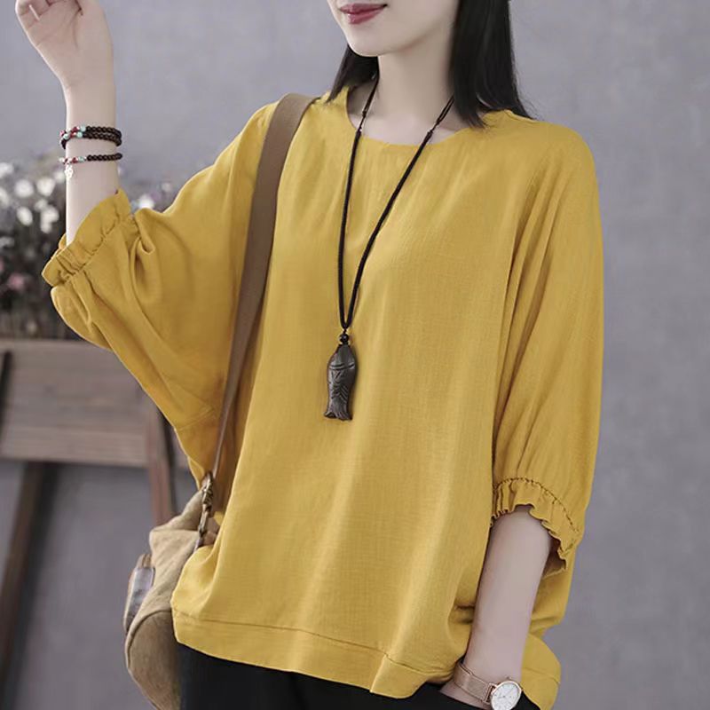 2024 New Batwing Sleeve Loose plus Size Mom's T-shirt Top Summer Tummy Hiding Slimming Short Sleeves Lantern Sleeve