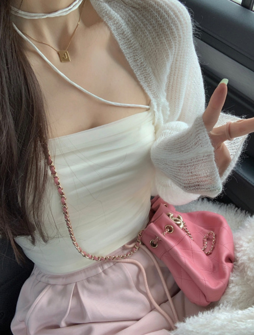 白水女 网纱吊带背心女春秋内搭纯欲锁骨修身一字肩抹胸短款上衣