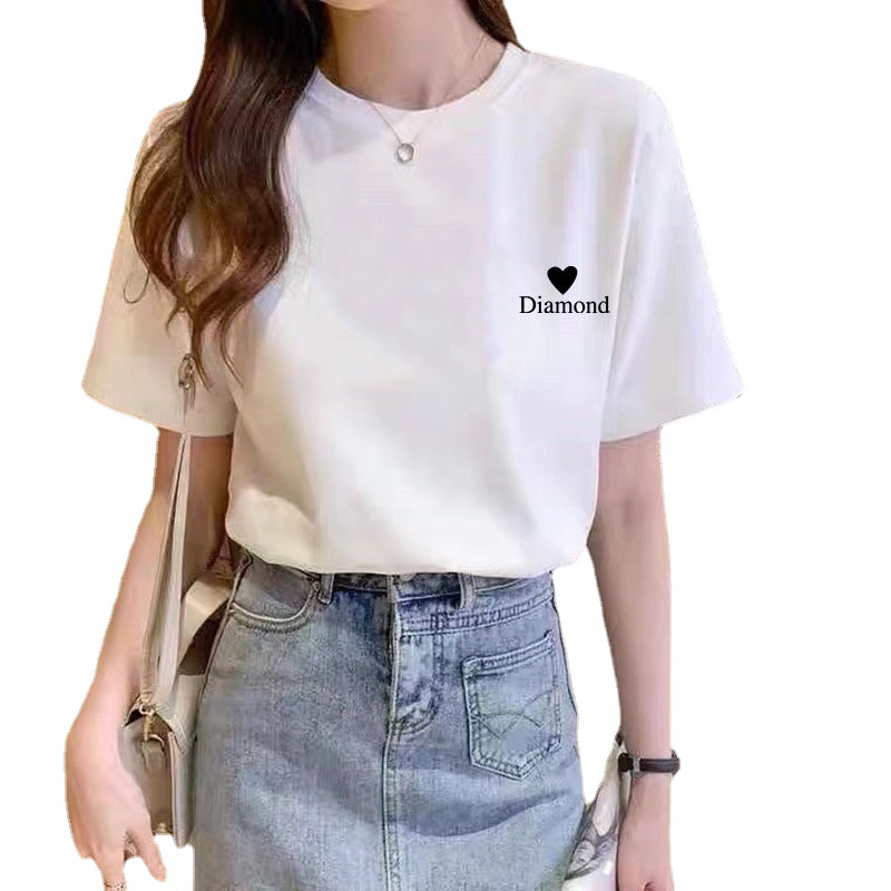 2024 Summer New Pure Cotton Loose Short Sleeve T-shirt Women's Korean-Style Women's round Neck Printed Bottoming Shirt Stall Wholesale