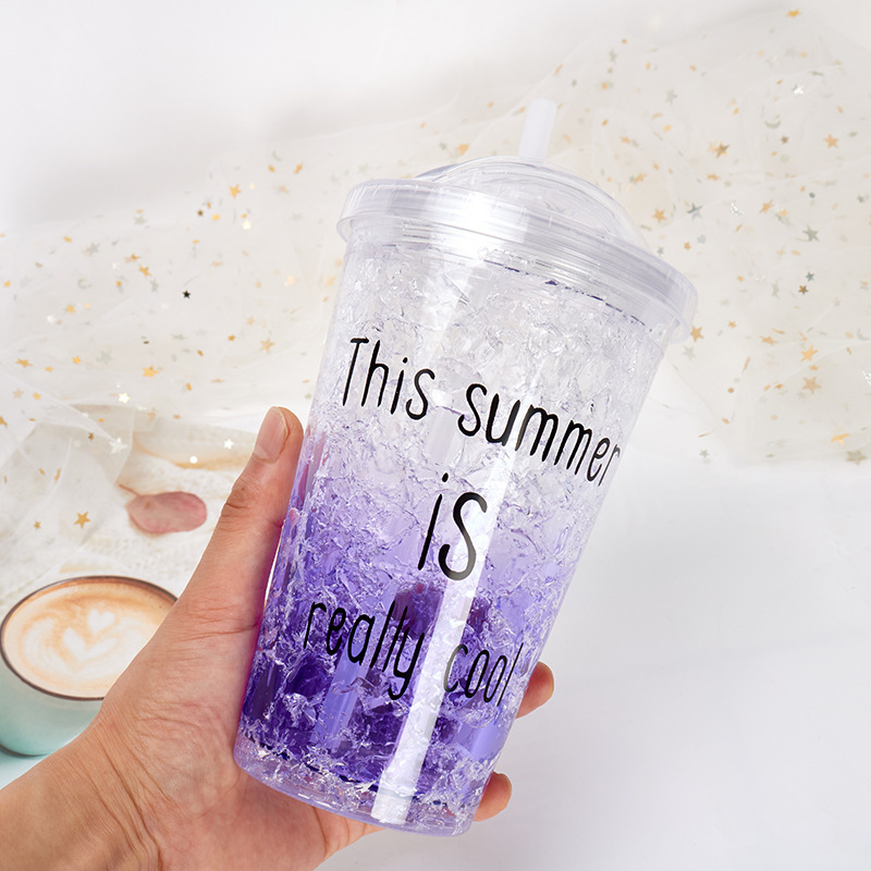 Plastic Push Cover Straw Cup Gift Double-Layer Wholesale Cup Gradient Color Frost Water Bottle Refrigeration Crushed Ice Cup